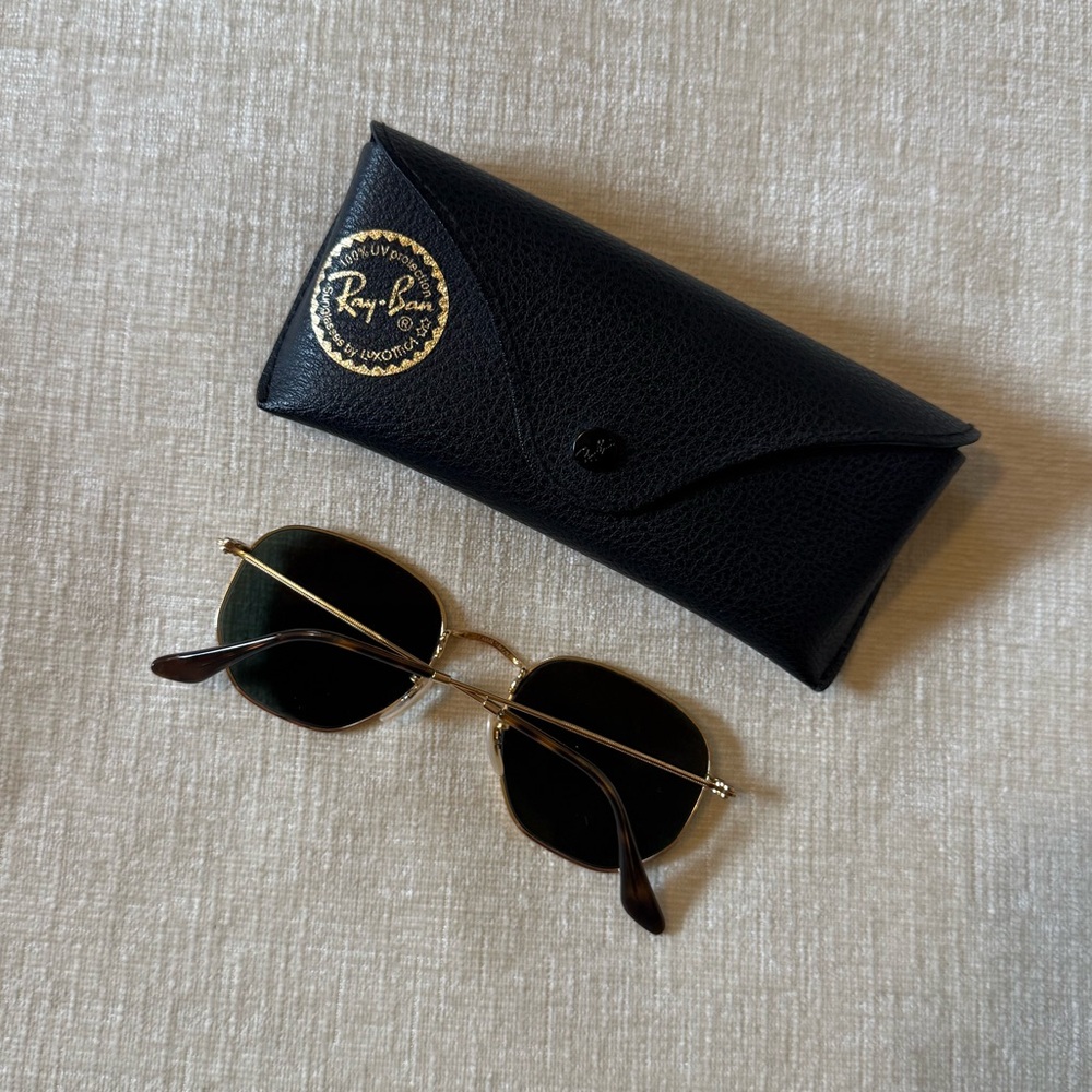 Ray-Ban Hexagonal Flat Lens Sunglasses Gold Frame Green Lens - Picture 3 of 9
